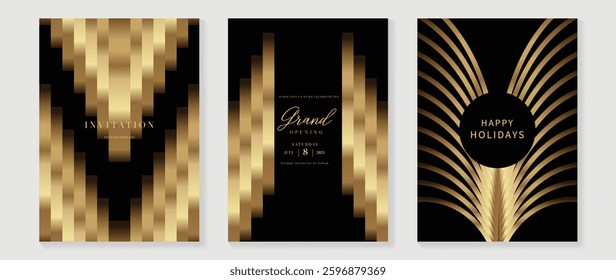 Luxury invitation card background vector. Golden elegant geometric shape, gold lines gradient on dark background. Premium design illustration for gala card, grand opening, party invitation, wedding.