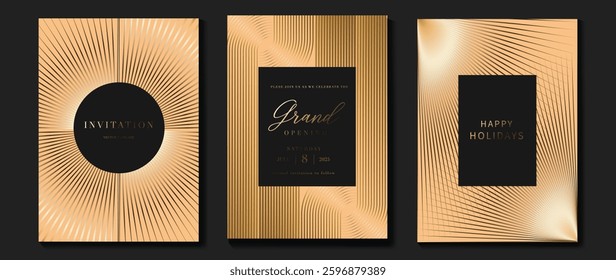 Luxury invitation card background vector. Golden elegant geometric shape, gold lines gradient on light background. Premium design illustration for gala card, grand opening, party invitation, wedding.