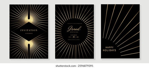 Luxury invitation card background vector. Golden elegant geometric shape, gold lines gradient on dark background. Premium design illustration for gala card, grand opening, party invitation, wedding.
