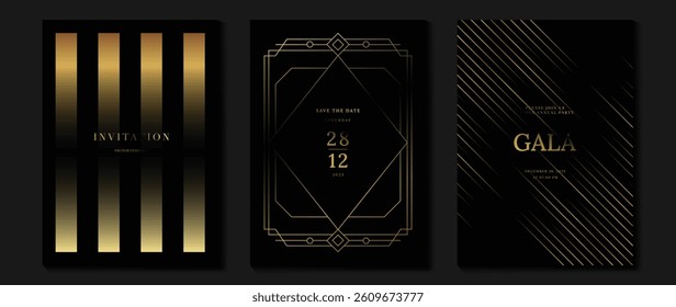 Luxury invitation card background vector. Golden elegant wavy gold line pattern on black background. Premium design illustration for wedding, vip cover template, grand opening, flyer.