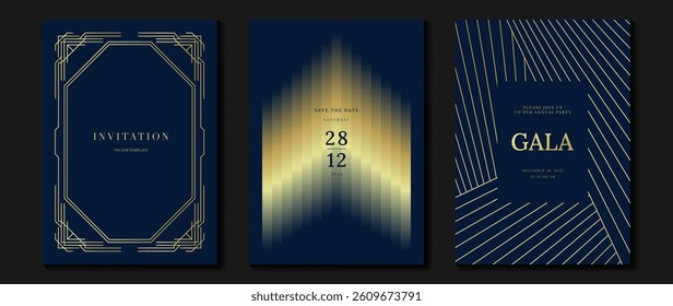 Luxury invitation card background vector. Golden elegant wavy gold line pattern on navy blue background. Premium design illustration for wedding, vip cover template, grand opening, flyer.