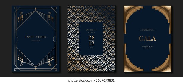 Luxury invitation card background vector. Golden elegant wavy gold line pattern on navy blue background. Premium design illustration for wedding, vip cover template, grand opening, flyer.