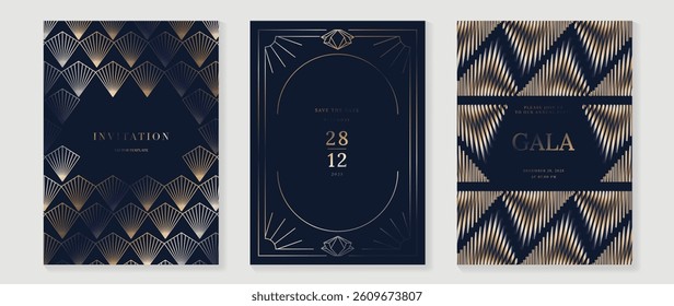 Luxury invitation card background vector. Golden elegant wavy gold line pattern on navy blue background. Premium design illustration for wedding, vip cover template, grand opening, flyer.