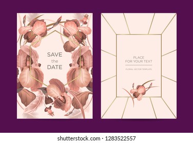 Luxury invitation card in botanical style. Irises on a pink background. It can be used as a template for weddings, special events, concerts and exhibitions.