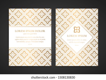 Luxury invitation card design with gold geometric ornament template. Can be used for background and wallpaper. Elegant and classic vector elements great for decoration.