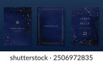 Luxury invitation card design vector set. Elegant wedding card with little star moon sun and space decorative on watercolor navy blue background. Design illustration for cover, poster, gala.