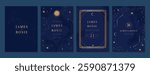 Luxury invitation card design vector set. Elegant wedding card with little star moon sun and space decorative on watercolor navy blue background. Design illustration for cover, poster, gala.
