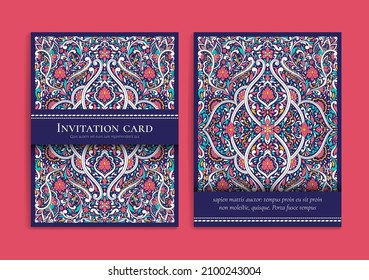 Luxus Einladungskarte Design mit Vektormandala Muster. Vintage-Schmuckvorlage. Kann für Hintergrund und Bildschirmhintergrund verwendet werden. Elegante und klassische Vektorelemente, ideal für die Dekoration.