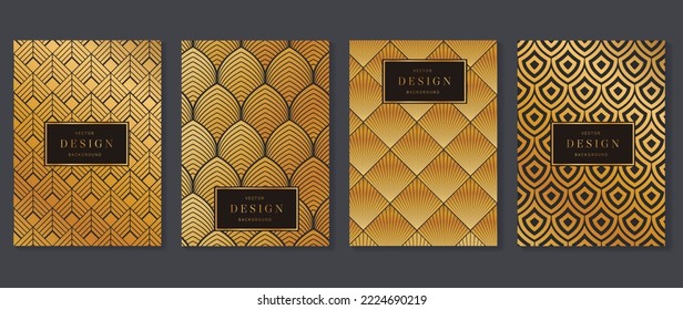 Vector de diseño de tarjetas de invitación de lujo. Resumen de la forma geométrica patrón de arte de línea y fondo de degradado art deco. Ilustración de diseño para invitación a eventos, portada, tarjeta VIP, impresión, afiche, fondo de pantalla.