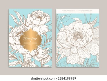 Luxury invitation card design with vector peonies ornament pattern. Vintage template. Can be used for background and wallpaper. Elegant and classic vector elements great for decoration.