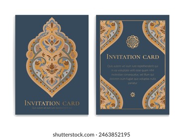 Diseño de tarjeta de invitación de lujo con patrón de mandala de Vector. Plantilla de adorno de Antiguas. Se puede utilizar para el fondo y el Fondo de pantalla. Elegantes y clásicos Elementos de Vector ideales para la decoración.