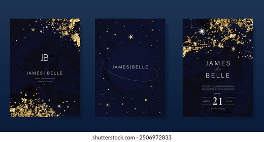 Luxury invitation card design vector set. Elegant wedding card with little star moon sun and space decorative on watercolor navy blue background. Design illustration for cover, poster, gala.