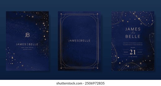 Luxury invitation card design vector set. Elegant wedding card with little star moon sun and space decorative on watercolor navy blue background. Design illustration for cover, poster, gala.