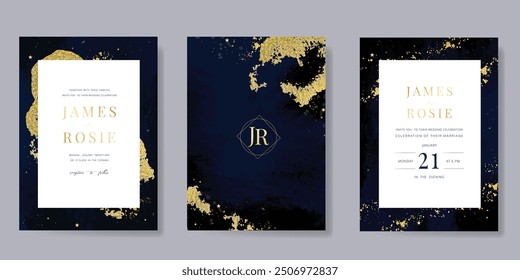Luxury invitation card design vector set. Elegant wedding card with little star moon sun and space decorative on watercolor navy blue background. Design illustration for cover, poster, gala.