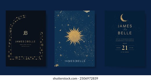 Conjunto de Vector de diseño de tarjeta de invitación de lujo. Tarjeta de boda elegante con el pequeño sol de la luna de la estrella y el espacio decorativo en el fondo azul marino. Ilustración de diseño para portada, póster, gala.