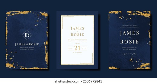 Conjunto de Vector de diseño de tarjeta de invitación de lujo. Tarjeta de boda elegante con el pequeño sol de la luna de la estrella y el espacio decorativo en el fondo azul marino de la acuarela. Ilustración de diseño para portada, póster, gala.