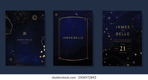 Luxury invitation card design vector set. Elegant wedding card with little star moon sun and space decorative on watercolor navy blue background. Design illustration for cover, poster, gala.