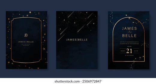 Conjunto de Vector de diseño de tarjeta de invitación de lujo. Tarjeta de boda elegante con el pequeño sol de la luna de la estrella y el espacio decorativo en el fondo azul marino de la acuarela. Ilustración de diseño para portada, póster, gala.