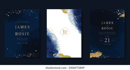 Conjunto de Vector de diseño de tarjeta de invitación de lujo. Tarjeta de boda elegante con el pequeño sol de la luna de la estrella y el espacio decorativo en el fondo azul marino de la acuarela. Ilustración de diseño para portada, póster, gala.