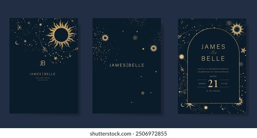 Conjunto de Vector de diseño de tarjeta de invitación de lujo. Tarjeta de boda elegante con el pequeño sol de la luna de la estrella y el espacio decorativo en el fondo azul marino. Ilustración de diseño para portada, póster, gala.