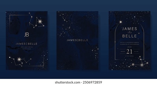 Luxury invitation card design vector set. Elegant wedding card with little star moon sun and space decorative on watercolor navy blue background. Design illustration for cover, poster, gala.