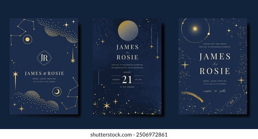 Conjunto de Vector de diseño de tarjeta de invitación de lujo. Tarjeta de boda elegante con el pequeño sol de la luna de la estrella y el espacio decorativo en el fondo azul marino de la acuarela. Ilustración de diseño para portada, póster, gala.