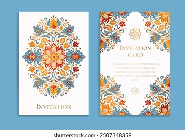 Diseño de tarjeta de invitación de lujo con patrón de mandala de Vector. Plantilla de adorno de Antiguas. Puede ser utilizado para el fondo y el Fondo de pantalla. Elegantes y clásicos Elementos de Vector ideales para la decoración.