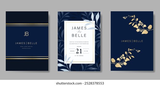 Conjunto de Vector de diseño de tarjeta de invitación de lujo. Tarjeta de boda elegante con hojas, rama y flor decorativa sobre fondo azul marino. Ilustración de diseño para portada, póster, gala.