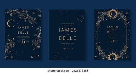 Conjunto de vetor de design de cartão de convite de luxo. Cartão de casamento elegante com lua de estrela pequena e folhagem decorativa no fundo azul marinho. Ilustração de design para capa, cartaz, gala.