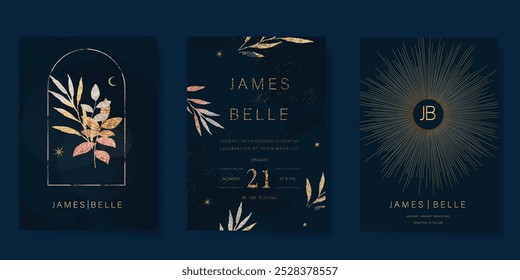 Luxury invitation card design vector set. Elegant wedding card with little star moon and foliage decorative on navy blue background. Design illustration for cover, poster, gala.