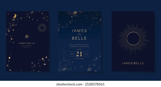 Luxuriöses Einladungskarten-Design, Vektorset. Elegante Hochzeitskarte mit kleiner Sternmond Sonne und Raum dekorativ auf marineblauem Hintergrund. Designgrafik für Cover, Poster, Gala.