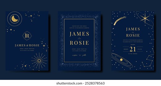 Conjunto de Vector de diseño de tarjeta de invitación de lujo. Tarjeta de boda elegante con el pequeño sol de la luna de la estrella y el espacio decorativo en el fondo azul marino. Ilustración de diseño para portada, póster, gala.