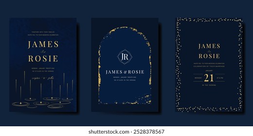 Luxuriöses Einladungskarten-Design, Vektorset. Elegante Hochzeitskarte mit kleinen Stern dekorative, goldene Folie Textur auf Aquarell navy blauen Hintergrund. Designgrafik für Cover, Poster, Gala.