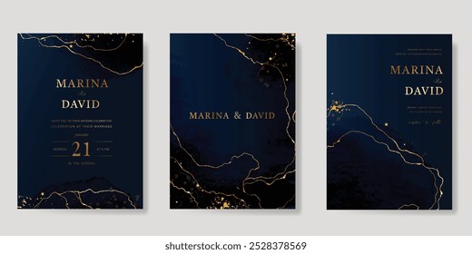 Luxuriöses Einladungskarten-Design, Vektorset. Elegante Hochzeitskarte mit kleinen Stern dekorative, goldene Folie Textur auf Aquarell navy blauen Hintergrund. Designgrafik für Cover, Poster, Gala.