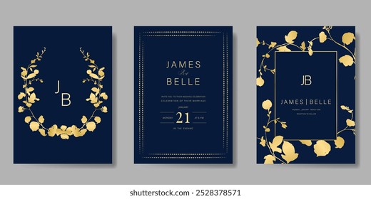 Luxuriöses Einladungskarten-Design, Vektorset. Elegante Hochzeitskarte mit Blätterzweig und Blumendekoration auf marineblauem Hintergrund. Designgrafik für Cover, Poster, Gala.