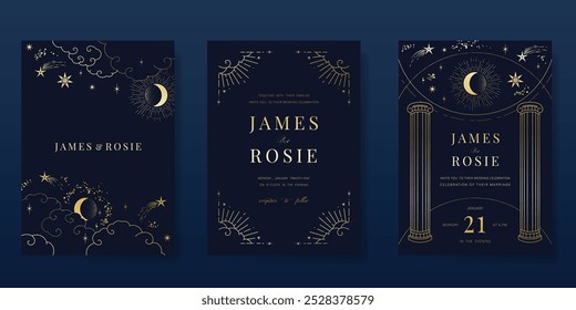 Conjunto de Vector de diseño de tarjeta de invitación de lujo. Tarjeta de boda elegante con el pequeño sol de la luna de la estrella y el espacio decorativo en el fondo azul marino. Ilustración de diseño para portada, póster, gala.