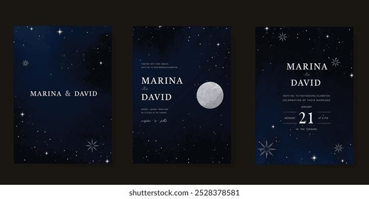 Conjunto de Vector de diseño de tarjeta de invitación de lujo. Tarjeta de boda elegante con pequeña estrella y luna decorativa sobre fondo azul marino acuarela. Ilustración de diseño para portada, póster, gala.