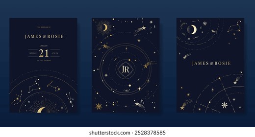 Conjunto de vetor de design de cartão de convite de luxo. Cartão de casamento elegante com sol de lua de estrela pequena e espaço decorativo no fundo azul marinho. Ilustração de design para capa, cartaz, gala.