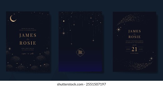 Luxury invitation card design vector set. Elegant wedding card with little star moon sun meteor and space decorative on navy blue background. Design illustration for cover, poster, gala.