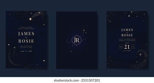 Luxury invitation card design vector set. Elegant wedding card with little star moon sun meteor and space decorative on navy blue background. Design illustration for cover, poster, gala.