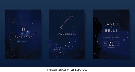 Luxury invitation card design vector set. Elegant wedding card with little star moon sun meteor and space decorative on navy blue background. Design illustration for cover, poster, gala.