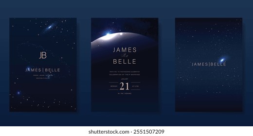 Luxury invitation card design vector set. Elegant wedding card with little star moon sun meteor and space decorative on navy blue background. Design illustration for cover, poster, gala.