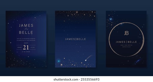 Luxury invitation card design vector set. Elegant wedding card with little star moon sun meteor and space decorative on navy blue background. Design illustration for cover, poster, gala.