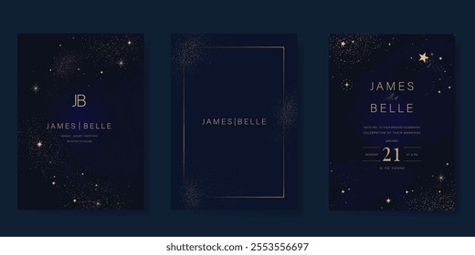 Luxury invitation card design vector set. Elegant wedding card with little star moon sun meteor and space decorative on navy blue background. Design illustration for cover, poster, gala.