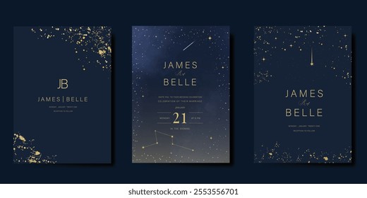 Luxury invitation card design vector set. Elegant wedding card with little star moon sun meteor and space decorative on navy blue background. Design illustration for cover, poster, gala.