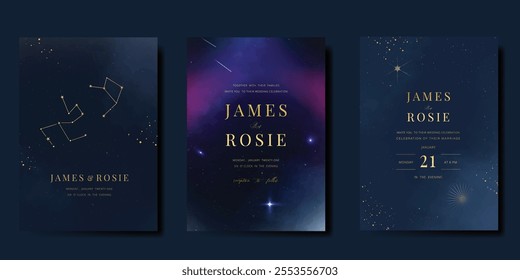 Luxury invitation card design vector set. Elegant wedding card with little star moon sun meteor and space decorative on navy blue background. Design illustration for cover, poster, gala.