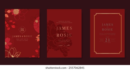 Luxury invitation card design vector set. Elegant wedding card with flower on red background. Design illustration for cover, poster, gala.