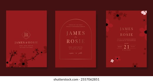 Luxury invitation card design vector set. Elegant wedding card with flower on red background. Design illustration for cover, poster, gala.
