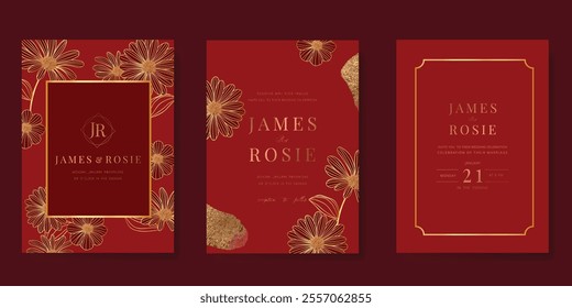 Luxury invitation card design vector set. Elegant wedding card with flower on red background. Design illustration for cover, poster, gala.