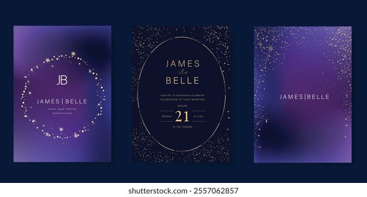 Luxury invitation card design vector set. Elegant wedding card with little star moon sun meteor and space decorative on navy blue background. Design illustration for cover, poster, gala.